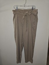 Women's VTG Liz Claiborne Brown Plaid Straight Leg Belt Pleated Preppy Trousers