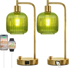 QiMH Industrial Table Lamp for Bedroom Set of 2, Green Glass Gold&Green 