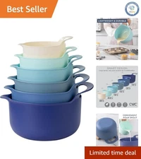 6-Piece Nesting Plastic Mixing Bowl Set in Blue with Pour Spouts & Handles