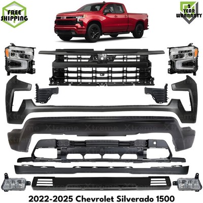 Front Bumper Primed Steel & Headlights Kit For 2022-2025 Chevy Silverado 1500