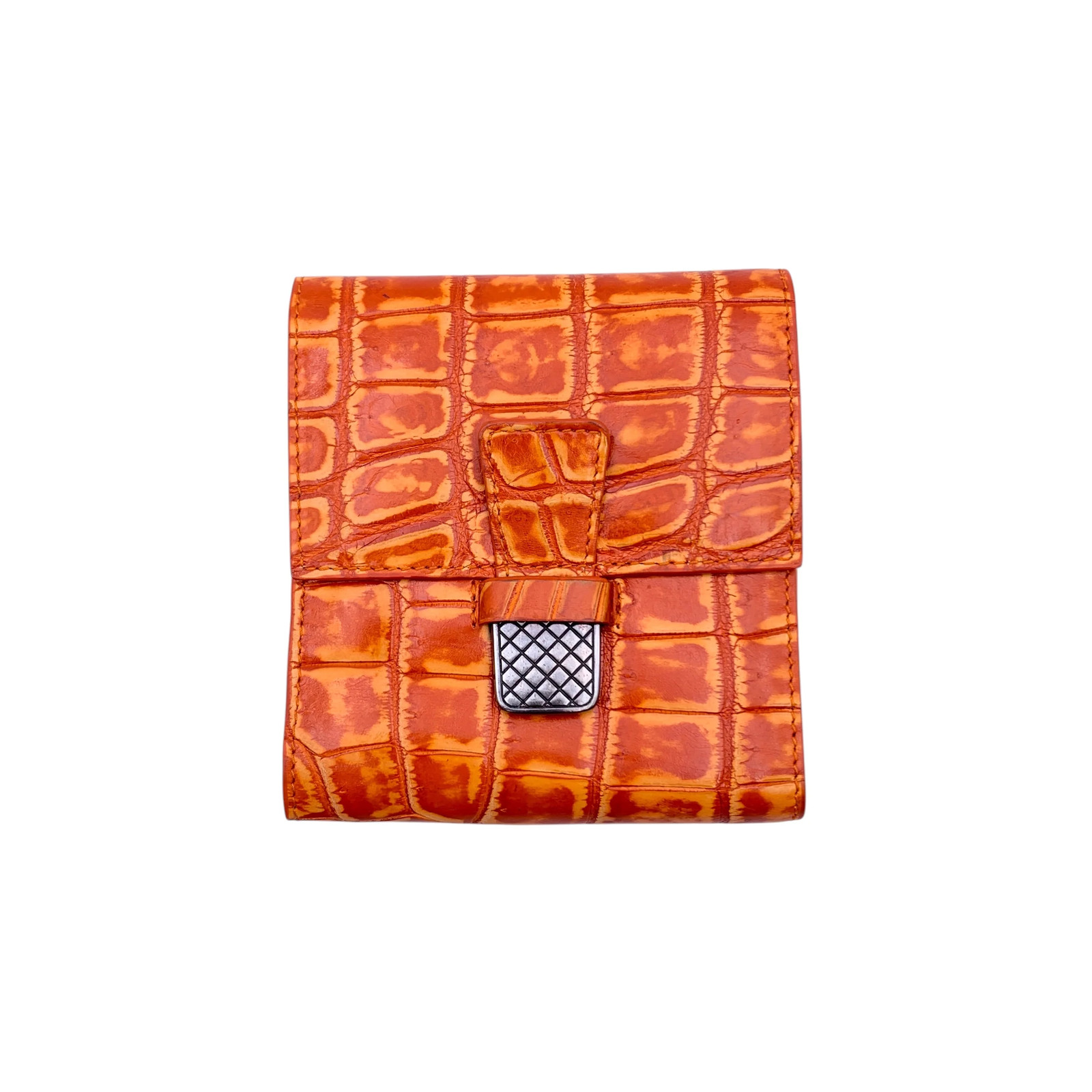 Autentico Portafoglio Bottega Veneta Vintage Pelle Arancione Compatto Trifold