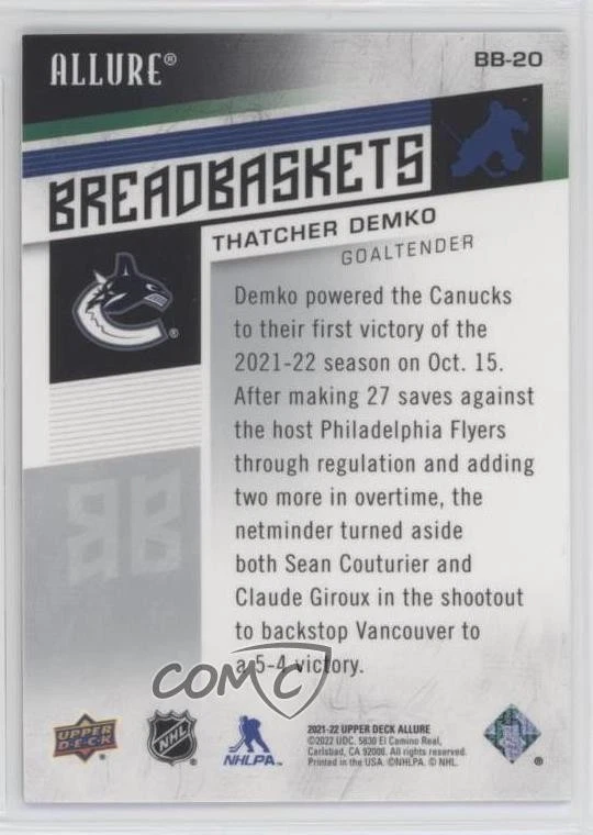 2021-22 Upper Deck Allure Breadbaskets Thatcher Demko #BB-20 - Image 2 of 2