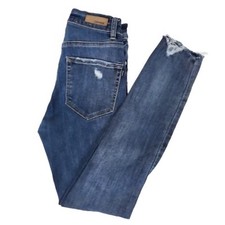 Garage Blue Destroyed Medium Wash Retro High-Waist Raw Hem Jeans Women's 0