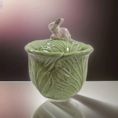 Arlington Designs Rabbit Cabbage Jar Ceramic Intricate Design Lid Green White