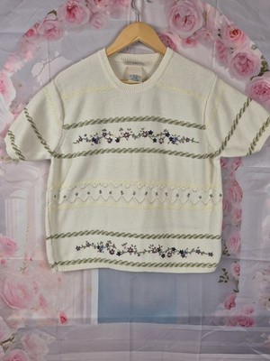Vintage Northern Reflections Blumen Strick Pullover XL weiß Cottagecore Kurzarm