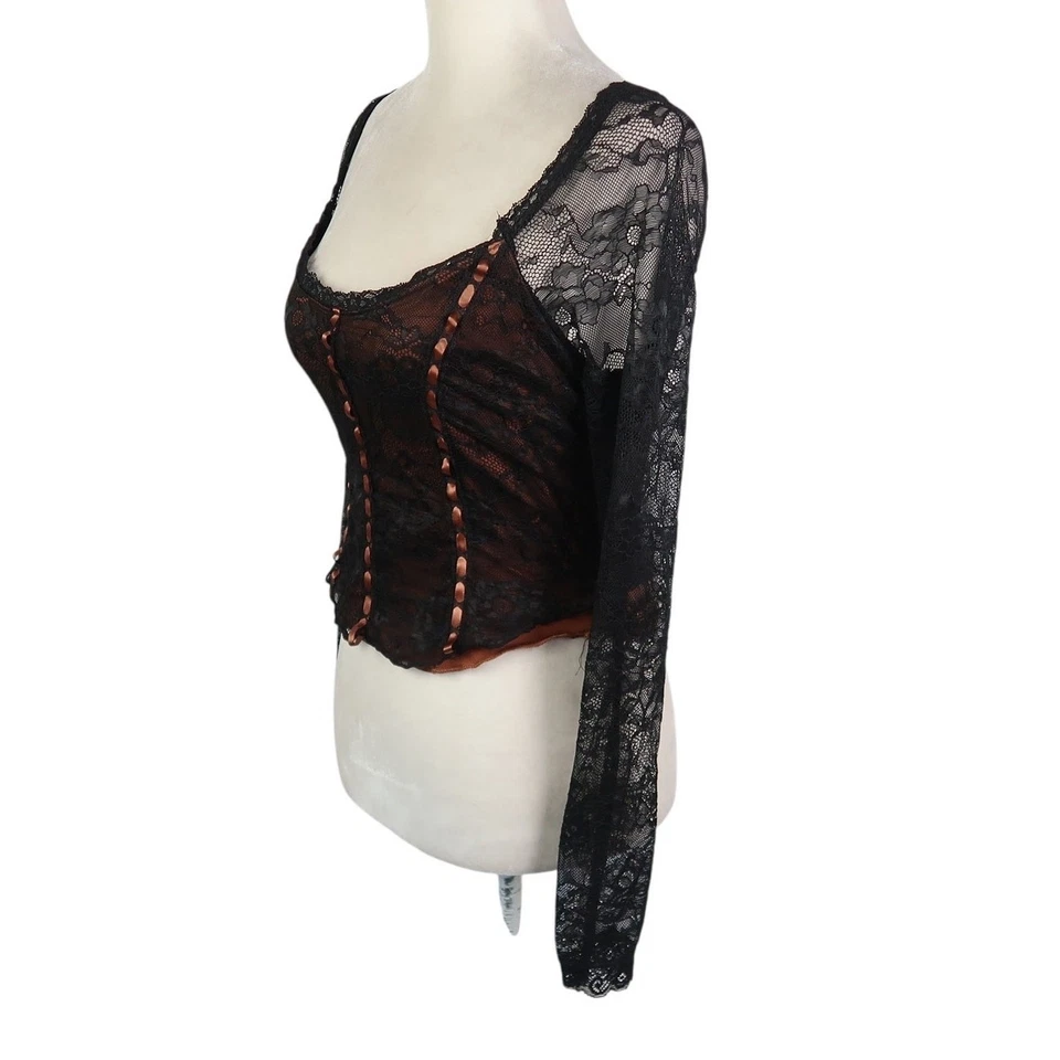 Delia's Corsé de Encaje Negro Diario Confesional Manga Larga Top M Foto 3 de 4