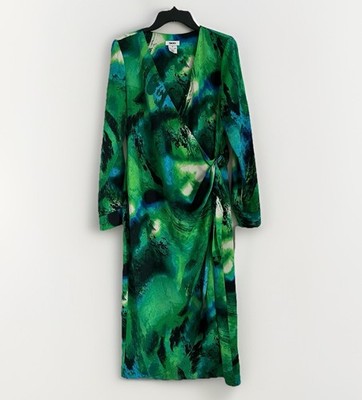 Dkny Womens 2 Printed Sash Tie V Neck Midi Dress Green Multi