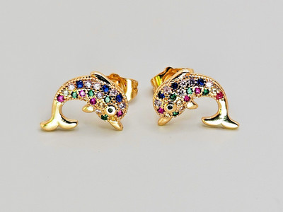 18K Gold with Multi Color Cubic Zirconia Dolphin Stud Earrings
