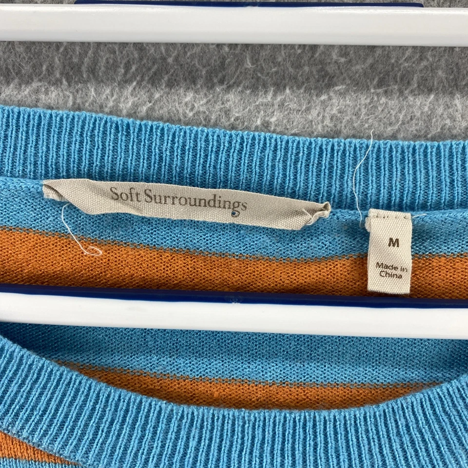 Suéter Soft Surroundings M listrado azul laranja manga longa lã tripulação cashmere - Imagem 2 de 4