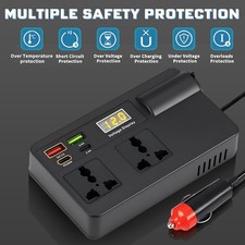 200W Car Auto Power Inverter DC 12V to AC 110V Converter w/ QC3.0 USB-C PD 2USB