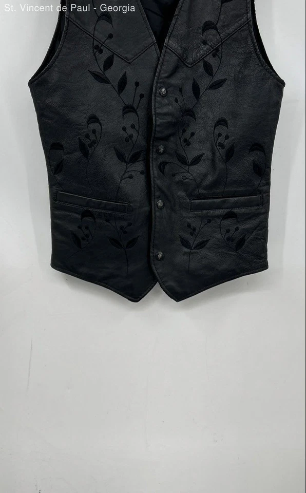 Excelente Chaleco de Cuero Vintage Floral Para Mujer XS Negro Hecho en EE. UU. Foto 3 de 4