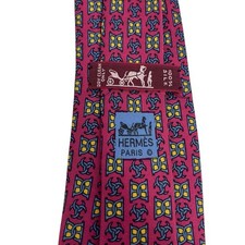 Hermes Men's Tie Geometric Red/Slate Satin Silk 7011 TA 3" W x 56" L guc