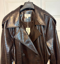 M&S Ladies Trench Coat Brown Mock Croc Faux Leather Longline 22 BNWT Marks