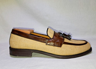 Russell Bromley Loafers Shoes Mens EU45 US 11.5 Beige Canvas Brown Tassel SlipOn