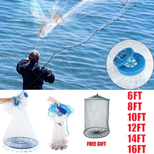6/8/10/12/16FT Fishing Cast Net Bait Easy Throw Hand Cast Strong Nylon Mesh