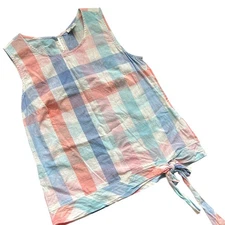 JCrew Womens 2 Checkered Linen Blend Tie Front Sleeveless Tank Coral Blue Preppy
