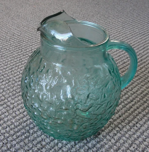 Vtg MCM Anchor Hocking Aqua Turquoise Lido Milano Crinkle Glass Ball Pitcher