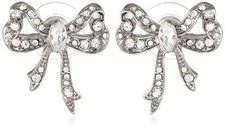 NEW BETSEY JOHNSON SILVER TONE,CRYSTAL,STONE,GLITZ BOW TIGH STUDS EARRINGS