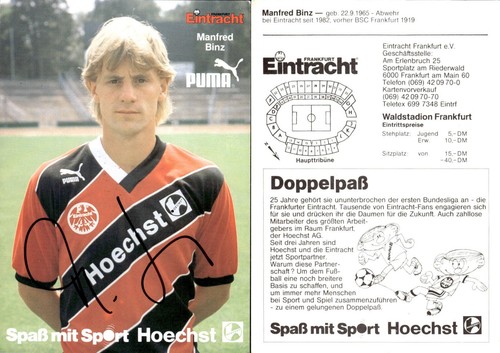 Carte Autographe Signée Manfred Binz – Eintracht Francfort 1985-86 – Original