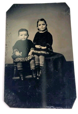Antique Tintype Photo Cute Siblings Brother Sister Children Matching Fashion
