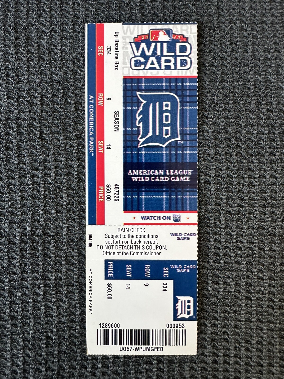Full Ticket Detroit Tigers American League Wild Card Game From 2012