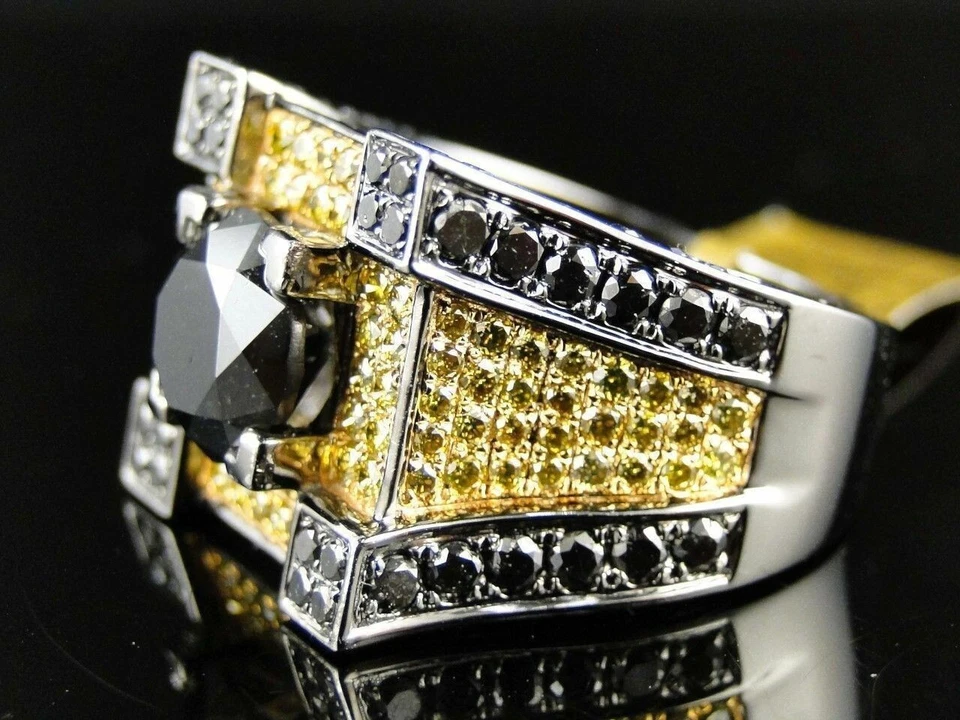 Anillo redondo de diamantes negros y citrino creado en laboratorio de 4 quilates para hombre acabado de oro amarillo de 14 k Foto 2 de 4