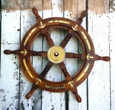 Vintage Teak Brass Nautical Pirate 18" INCH Ship Steering Wheel Handmade Wooden
