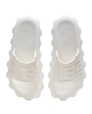 NIB Balmain White Ari Women Rubber Slip On Slides Sandal Embossed