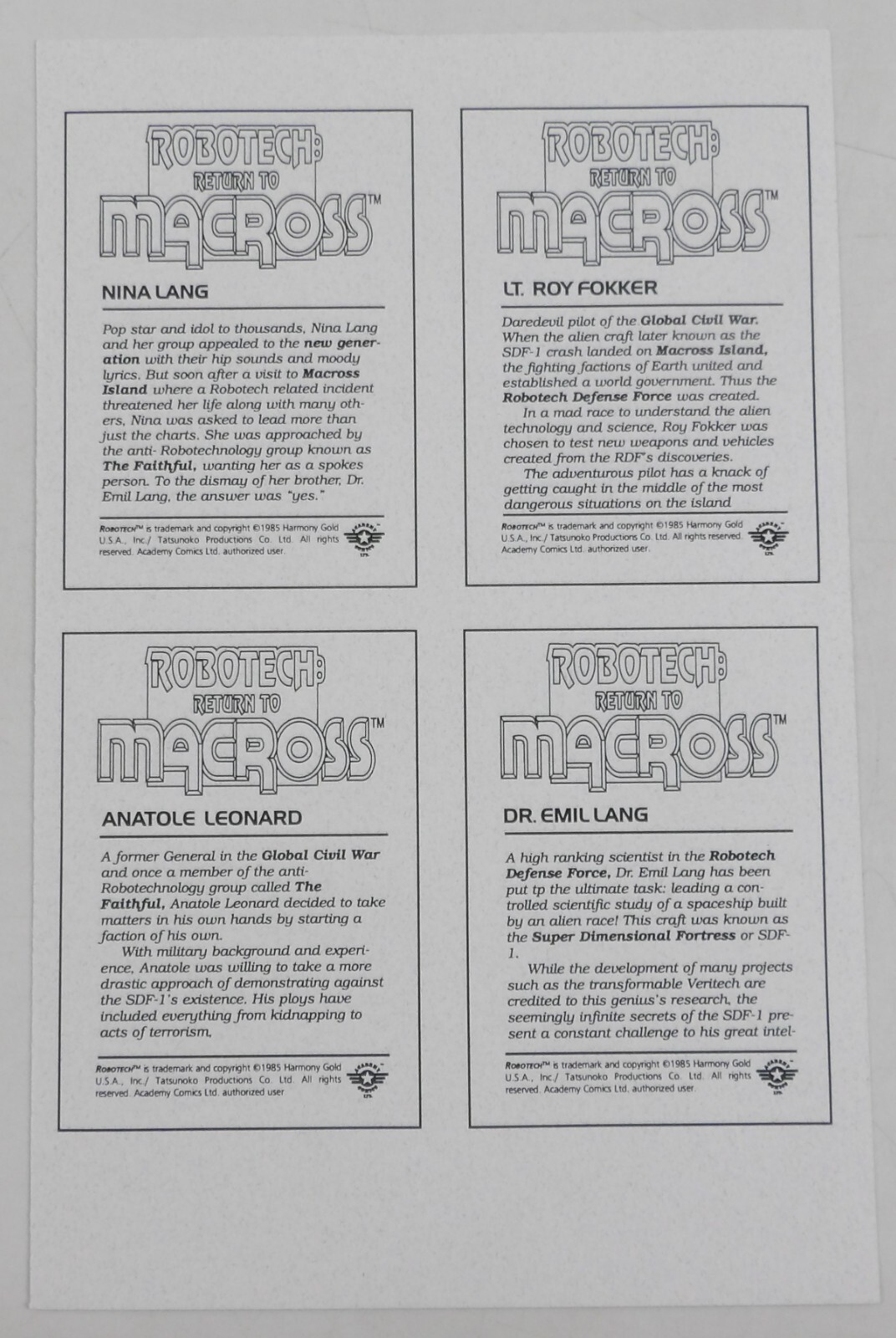 Robotech: Return to Macross - War of the Believers Prototype Uncut Card Sheet