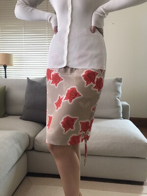 WUNDERKIND Beige Cream 100% Silk Rose Print Pencil Skirt Sz IT 40 FR 38 UK 8 S