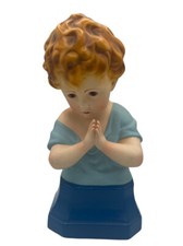 Chalkware Bust Auburn Haired Praying Child Glass Eyes MCM Blue Nightgown Base