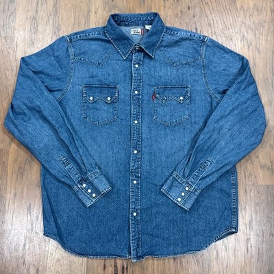 Vintage Levis Shirt Mens XL Blue Denim Pearl Snap Brushpopper Western Wear Rodeo