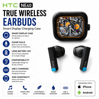 HTC NE40 AI Translation Earbuds Smart Display Case Bluetooth iPhone Android