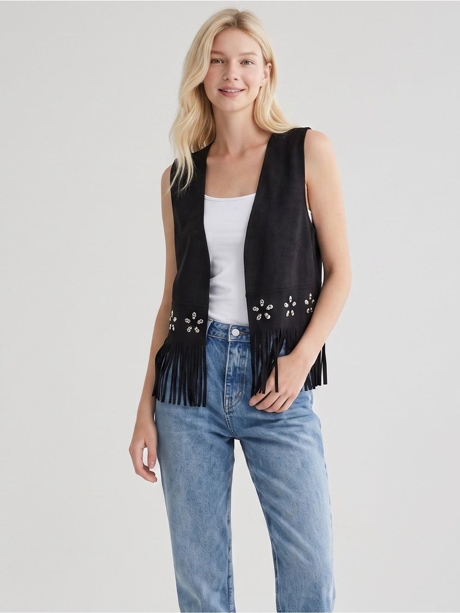 RELISH NOLESS Black Faux Suede Festival Country Music Concert Boho Vest.