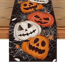 Black Pumpkins Spider Web Halloween Table Runner, Seasonal Fall Kitchen Dining T