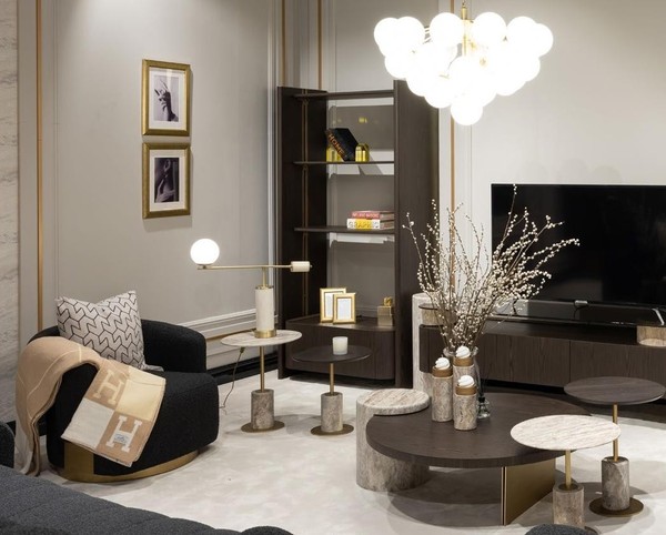 GroßEs Komplette Wohnzimmer Sessel Tische 7Tlg Stoff Braun Holz Regale-image