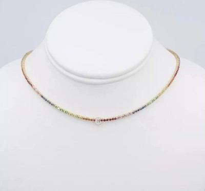 13Ctw Round Cut Tennis Necklace Diamond Rainbow Sapphire 14K Yellow Gold Plated