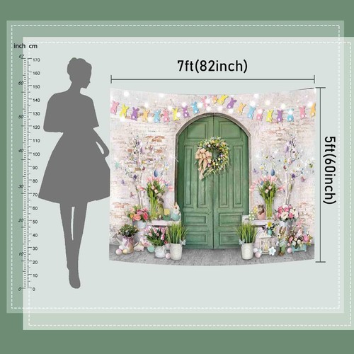 Easter Backdrop Green Wooden Doors Brick Wall Bunny Rabbit Spring Photography B - Picture 9 of 9