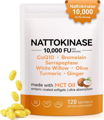 Nattokinase 10,000 FU with MCT Oil, 120 Enteric Coated Softgels | Triple Enzyme