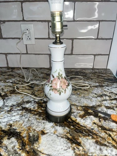 Vintage Milk Glass Lamp With Pink Roses And Gold Trim