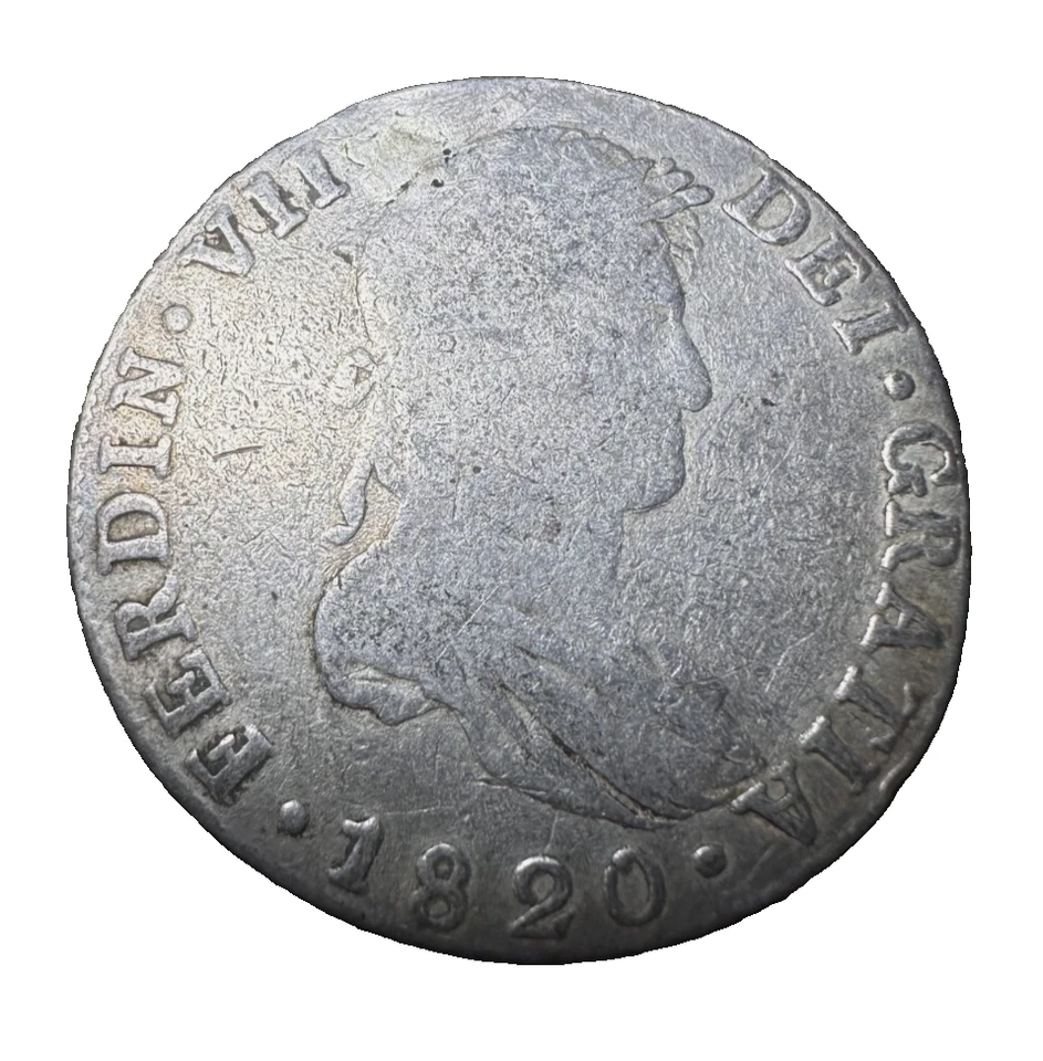 8 Reales 1820 Plata Hispana Española Colonial Guatemala, Fernando VII, NG M, Reparación Foto 2 de 4