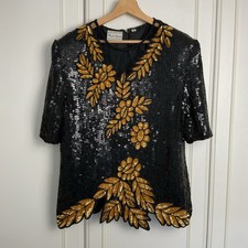 Frank Usher Sequin Top Vintage Size M UK 10 Black Gold Silk Heavy 80's