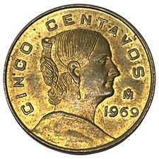 1969 Mo Mexico 5 Cinco Centavos World Mexican Brass Coin KM# 426 Lot D10-10