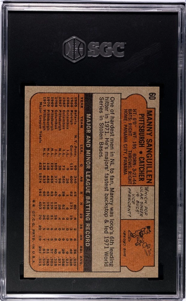 1972 Topps - Manny Sanguillen SGC 7 Pittsburgh Pirates - Image 2 of 2