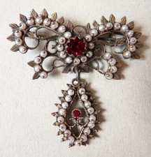 Broche en argent massif + perles + pierre rouge silver brooch bijou ancien