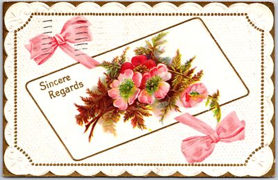 1910's Sincere Regards Flower Bouquet Pink Ribbon Bordered Posted Postcard