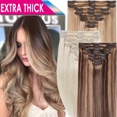 Balayage Thick Double Weft Clip In Remy Real Human Hair Extensions Full Head USA