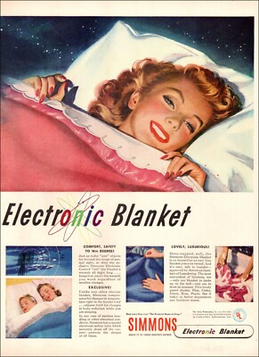 1946 vintage AD for SIMMONS ELECTRONIC BLANKET, Lovely Girl Warm