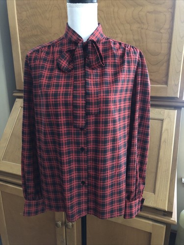 VTG Castleberry Tie-Neck Blouse & Textured Knit Jacket Black and Red Plaid 12 - Picture 2 of 13