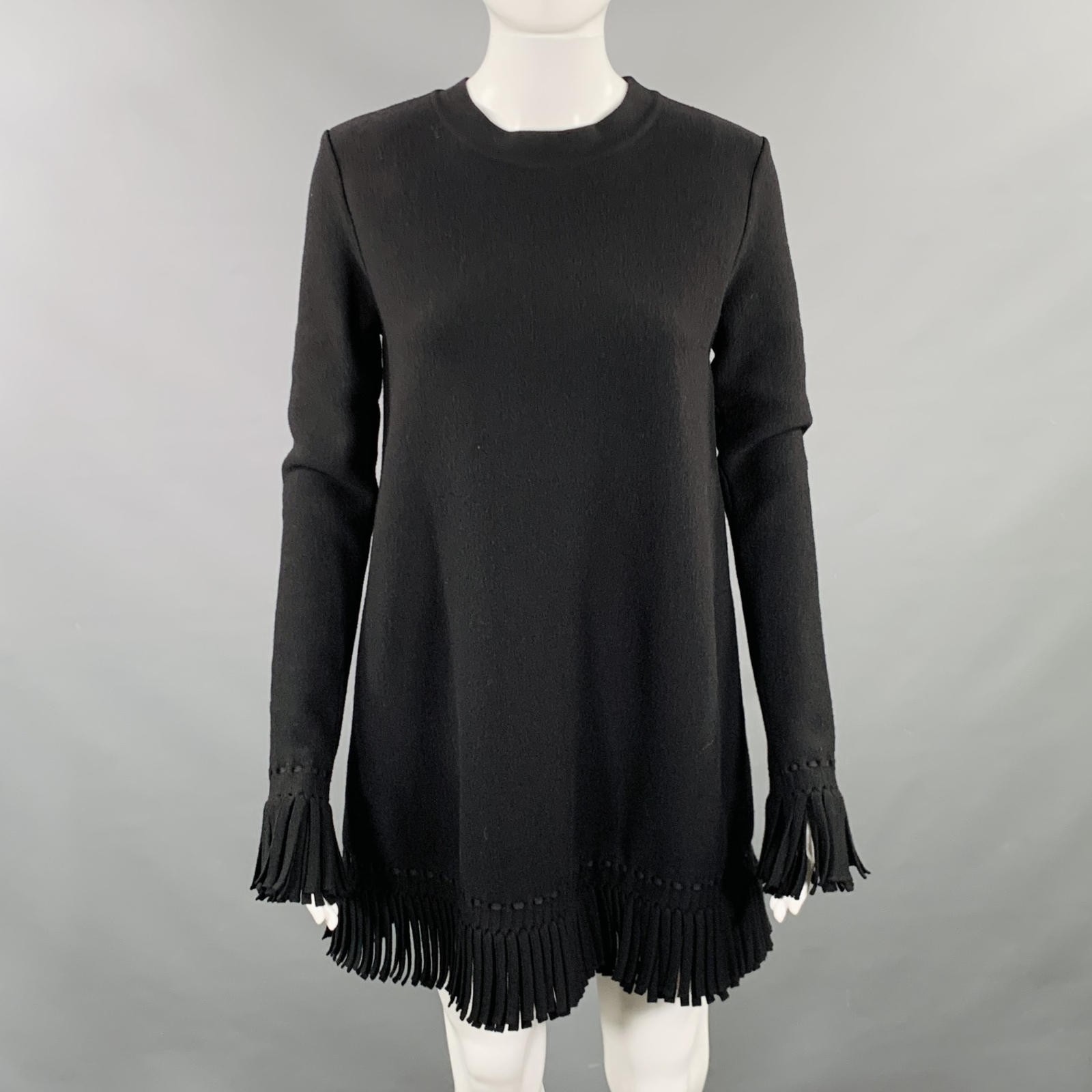 ALAIA Talla 6 Negro Mezcla Lana Borde con Flecos Vestido Mini